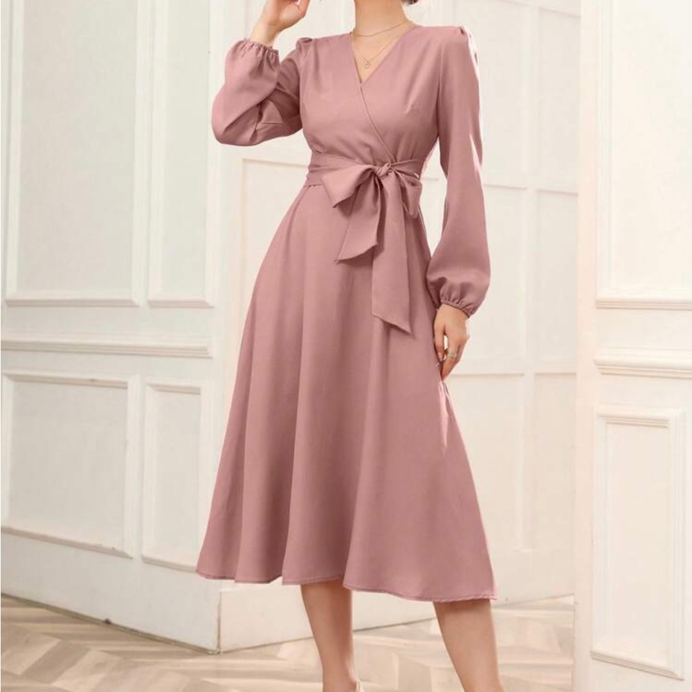 Solid Belted Wrap Detail A-line Dress